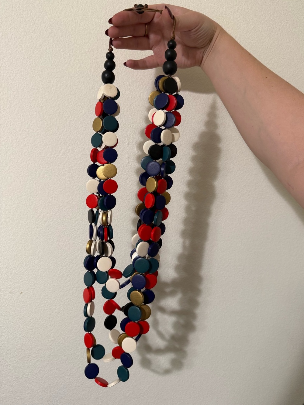 Sassy Jones Red Navy Cream Green Gold Disc Layered Necklace
